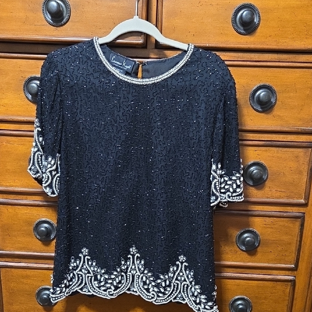Laurence Kazar Elegant Black Beaded Women's Silk Top SIZE XL